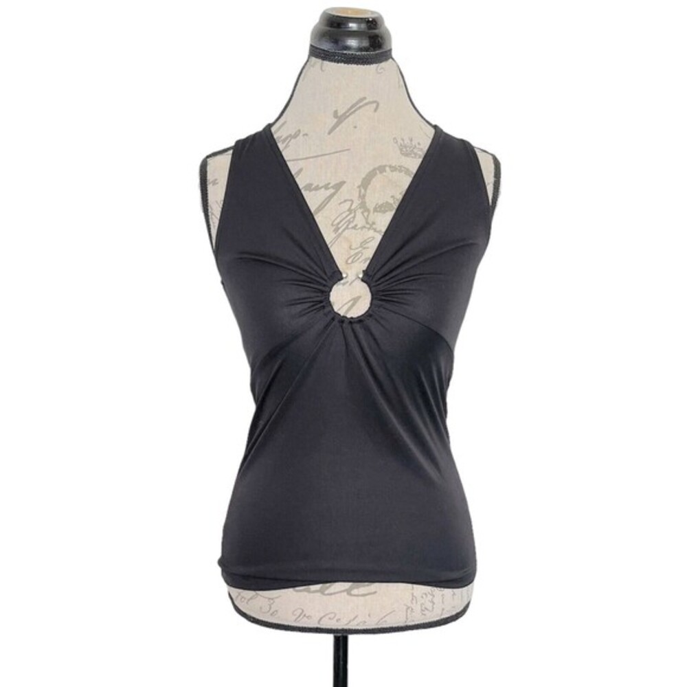 Trouve Womens Sleeveless Top Black Ruched Stud Front Keyhole Stretch Size XS